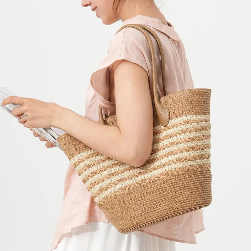 Women Bags Dkny - Gestreifte gewebte Stroh-Strandtasche mit großem Fassungsvermögen