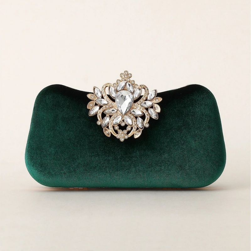 Women Bags Green - Dunkelgrüne Samt-Clutch Luxuriöse Strass-Blumenbrosche Harte Abendhandtasche
