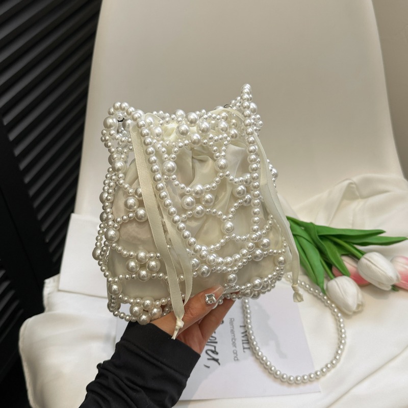 Women Bags On Sale Clearance - Weiße Perlenbesetzte Bucket-Schulter- und Umhängetaschen Exquisiter