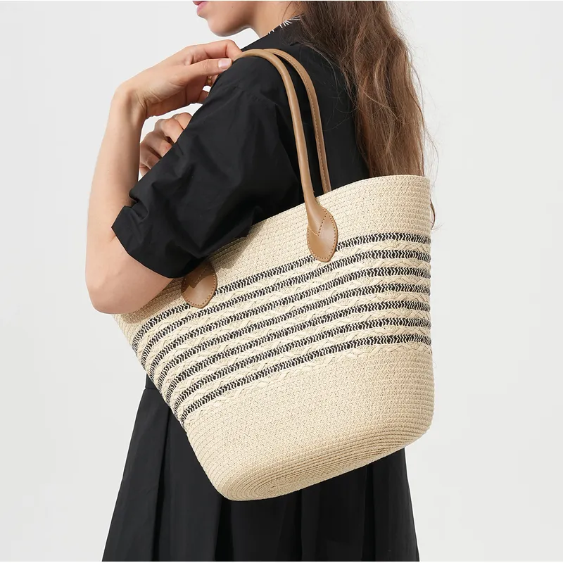 Gestreifte gewebte Stroh-Stran – Women Bags Dkny Bewertung und Preis